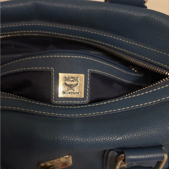 MCM Blue Leather Boston Bag with Silver Accents - Picture 5 of 13